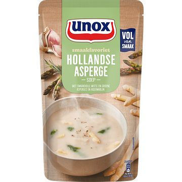 Foto van 2 zakken soep a 570 ml, pakken cupasoup a 3 stuks of single verpakkingen noodles of pasta | unox smaakfavoriet soep in zak hollandse asperge 570ml aanbieding bij jumbo