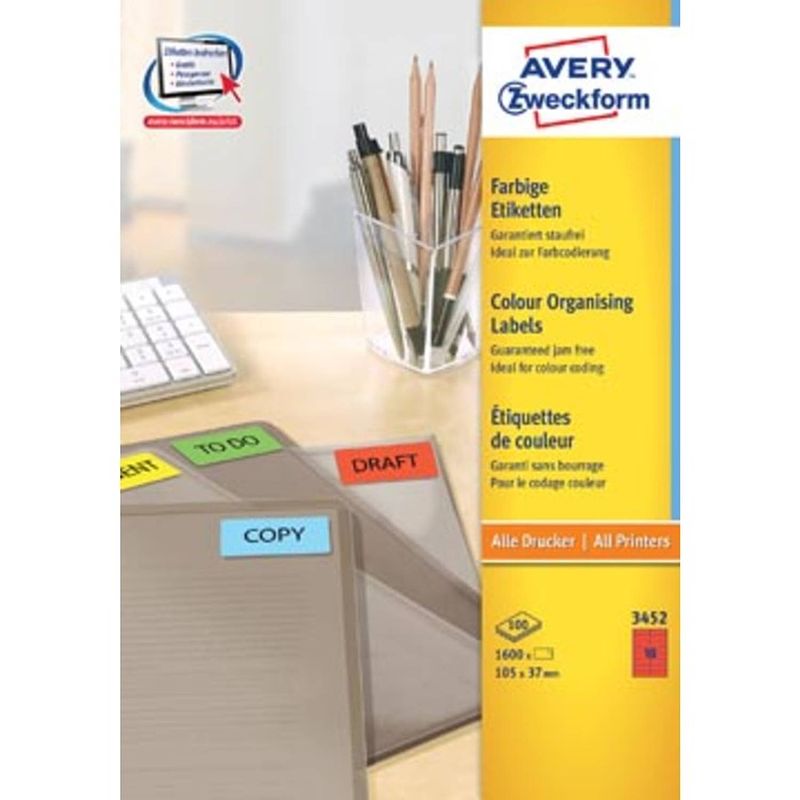 Foto van Avery gekleurde universele etiketten ft 105 x 37 mm (b x h), 1.600 stuks, rood