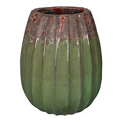 Foto van Ptmd lionne green ceramic pot ribbed bulb round l