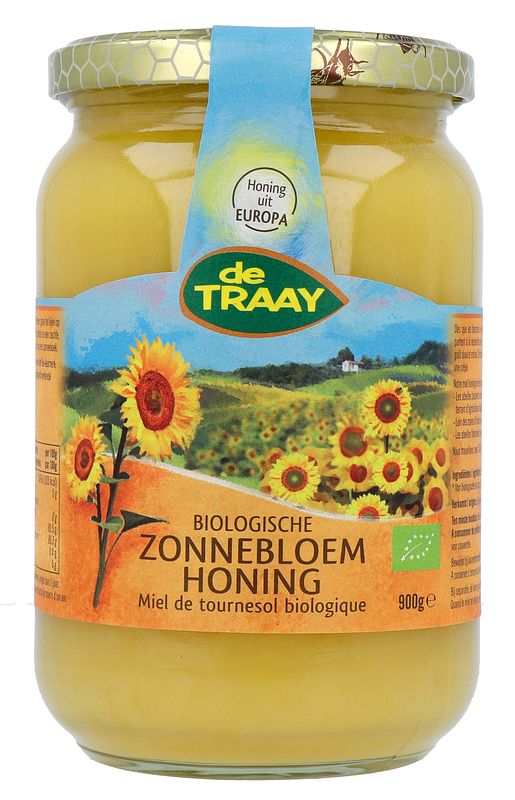 Foto van De traay zonnebloemhoning biologisch