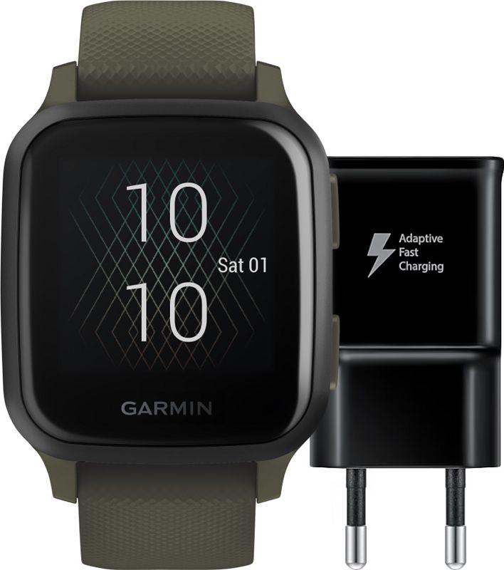 Foto van Garmin venu sq music groen + samsung adaptive fast charging oplader met usb a poort 15w