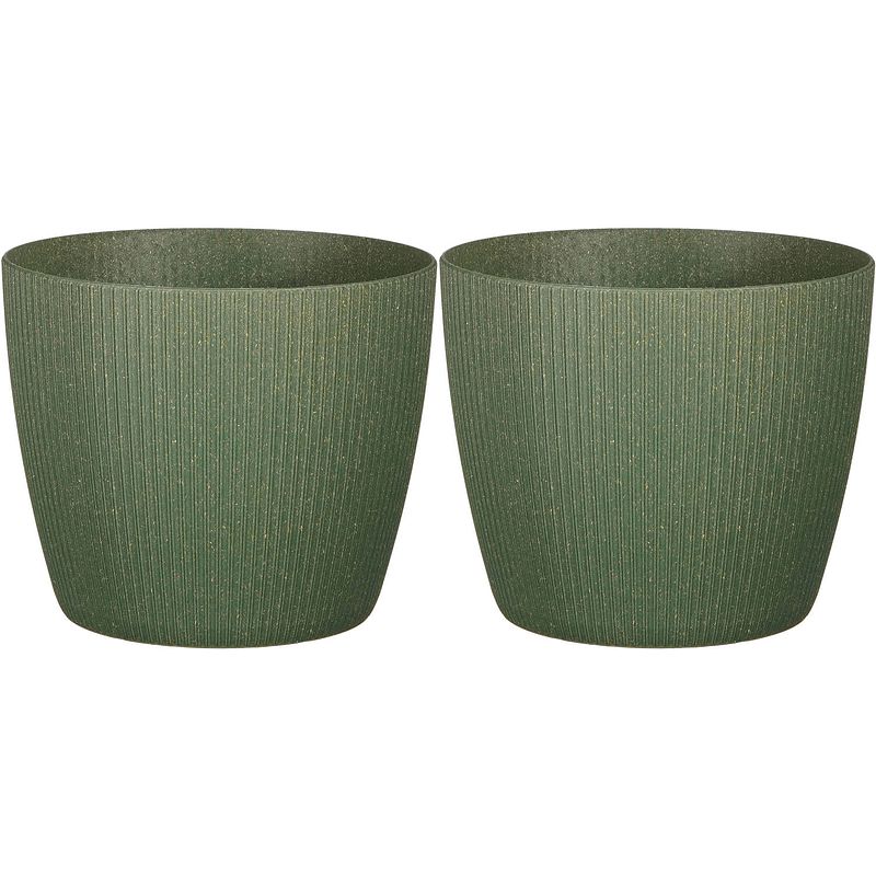 Foto van 2x stuks plantenpot/bloempot kunststof donkergroen ribbels patroon - d22/h22 cm - plantenpotten