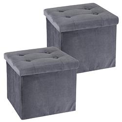 Foto van H&s collection poef/hocker/krukje - 2x - opbergbox - donkergrijs - fluweel polyester - 38 x 38 cm - poefs