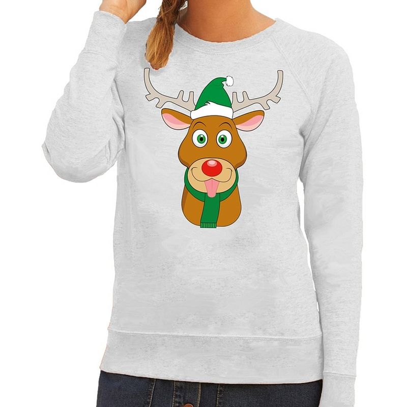 Foto van Foute kersttrui / sweater met rudolf het rendier met groene kerstmuts grijs voor dames - kersttruien xs (34)