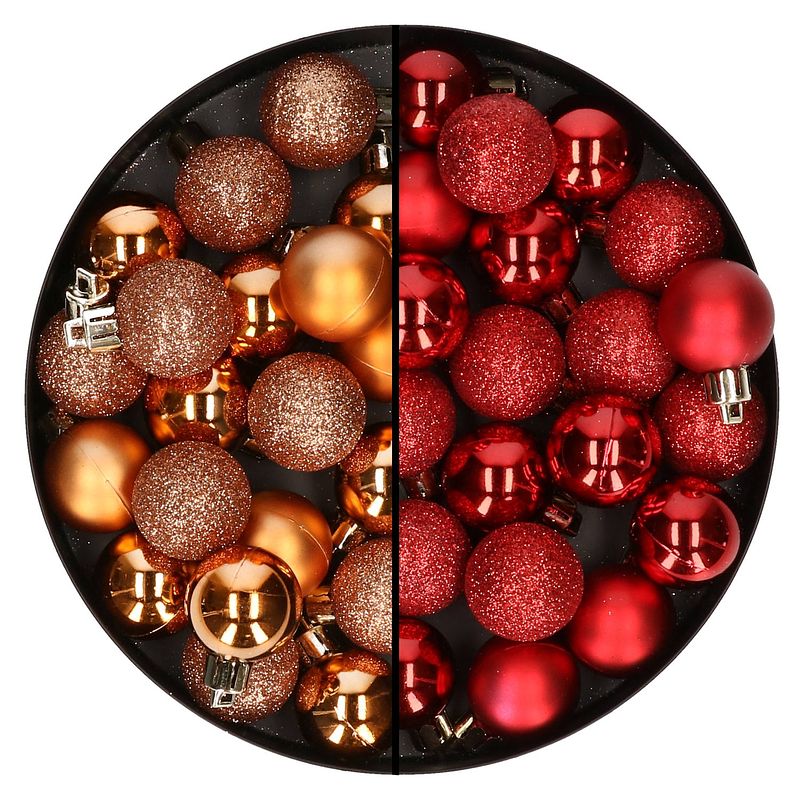 Foto van 40x stuks kleine kunststof kerstballen rood en koper 3 cm - kerstbal