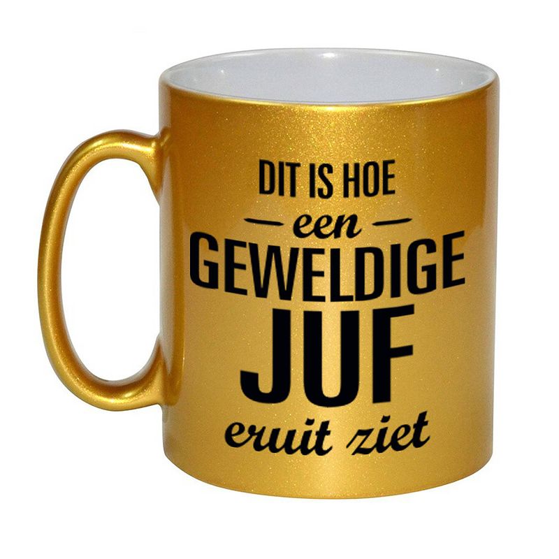 Foto van Gouden geweldige juf cadeau koffiemok / theebeker 330 ml - feest mokken