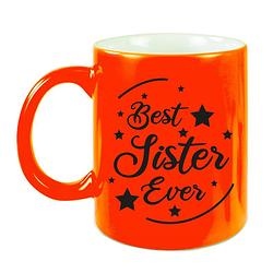 Foto van Best sister ever cadeau koffiemok / theebeker neon oranje 330 ml - feest mokken