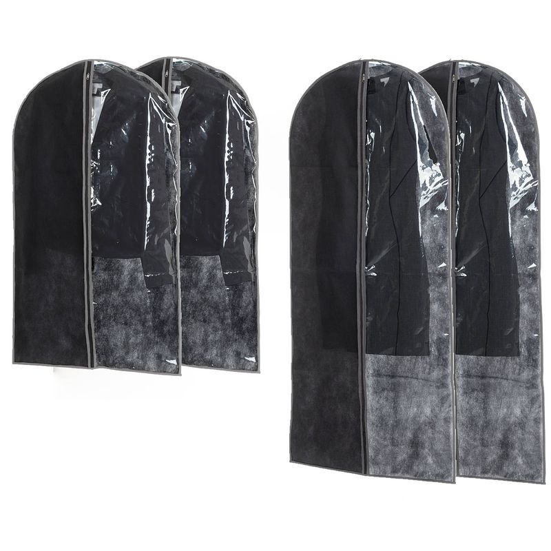 Foto van Set van 4x stuks kledinghoezen grijs 135/100 cm inclusief kledinghangers - kledinghoezen