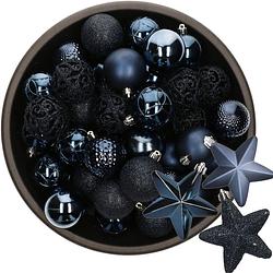 Foto van 43x stuks kunststof kerstballen en sterren ornamenten donkerblauw - kerstbal