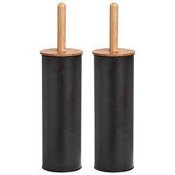 Foto van 2x stuks wc/toiletborstel in houder metaal/bamboe hout - zwart - 38 x 10 cm - toiletborstels
