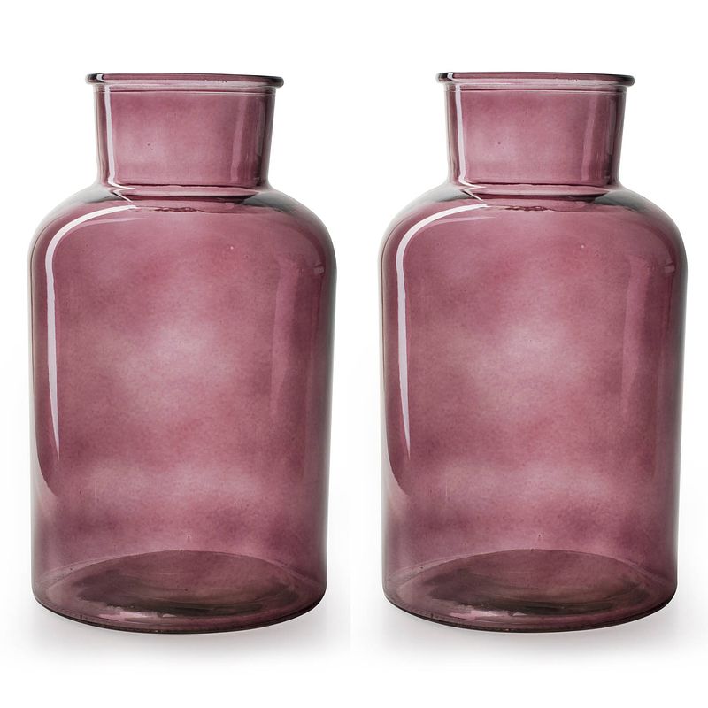 Foto van Set van 2x stuks bloemenvazen - aubergine/transparant glas - h30 x d18 cm - vazen