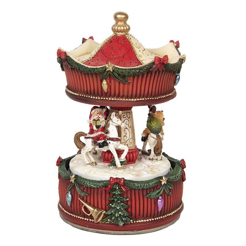 Foto van Haes deco - muziekdoos draaimolen ø 11x17 cm - rood - kerst figuur, kerstdecoratie