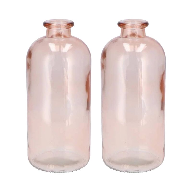 Foto van Dk design bloemenvaas fles model - 2x - helder gekleurd glas - perzik roze - d11 x h25 cm - vazen