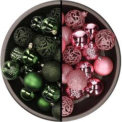 Foto van Kunststof kerstballen 74x stuks donkergroen en roze 6 cm - kerstbal