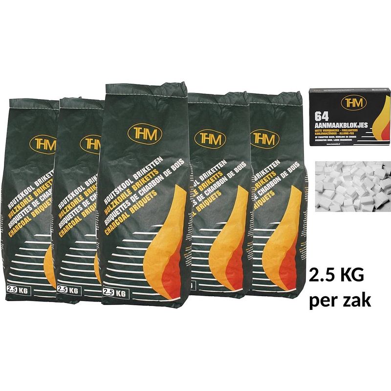 Foto van 5 x houtskoolbriketten 2.5 kg per -inclusief aanmaakblokjes 64 stuks - barbecue - bbq - 5 stuks - totaal 12.5kg