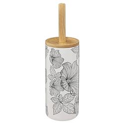 Foto van Wc-/toiletborstel met houder rond wit/zwart met hibiscus bloemen patroon zandsteen/bamboe 38 cm - toiletborstels