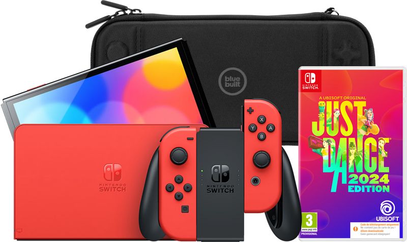 Foto van Nintendo switch oled super mario editie + just dance 2024 + bluebuilt beschermhoes