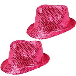 Foto van 2x stuks trilby hoeden met pailletten - roze - glitter - verkleedhoofddeksels