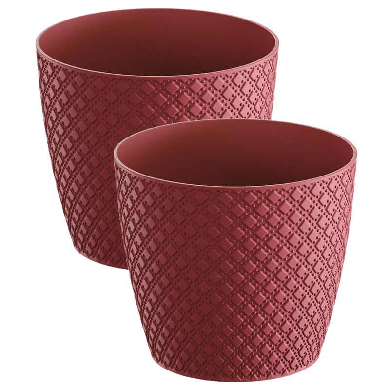 Foto van 2x stuks orient stijl plantenpot/bloempot kunststof dia 13 cm en hoogte 11 cm rood - plantenpotten