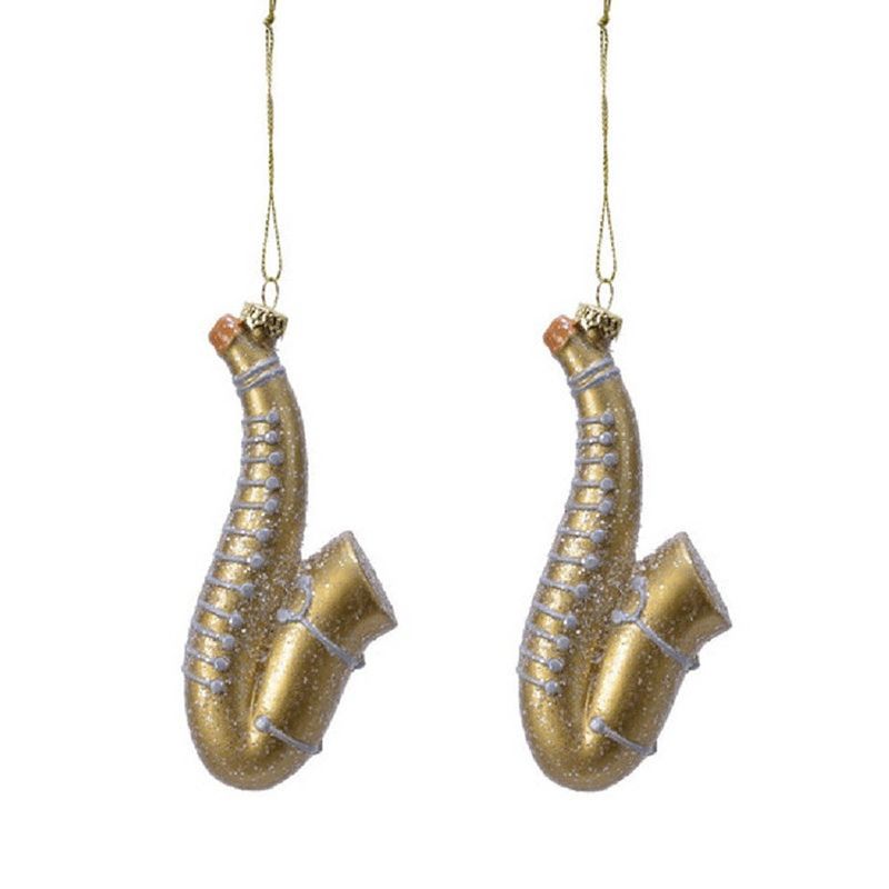 Foto van 2x kerstboomhangers gouden saxofoons 12 cm kerstversiering - kersthangers