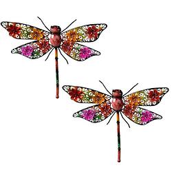 Foto van 2x stuks gekleurde metalen tuindecoratie libelle hangdecoratie 27 x 33 cm cm - tuinbeelden