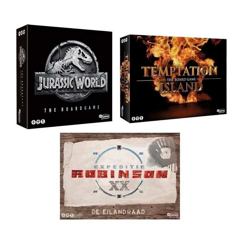 Foto van Spellenbundel - 3 stuks - jurassic world the boardgame & temptation island & expeditie robinson de eilandraad