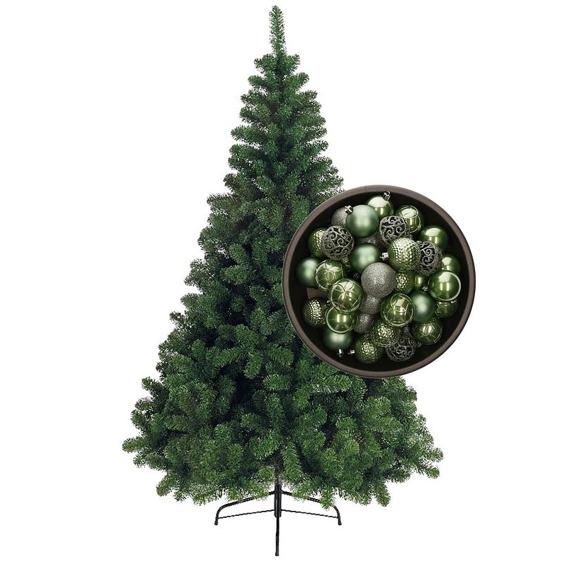 Foto van Bellatio decorations kunst kerstboom 210 cm met kerstballen salie groen - kunstkerstboom