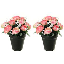 Foto van Louis maes kunstbloemen plant in pot - 2x - roze/wit tinten - 20 cm - bloemenstuk ornament - kunstbloemen