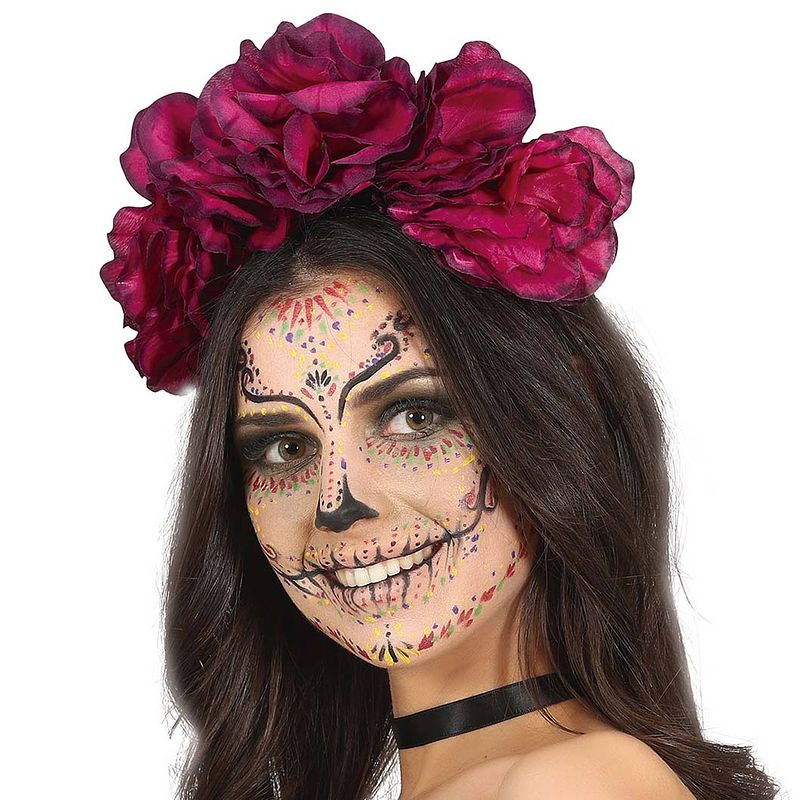 Foto van Halloween verkleed diadeem - bloemen - one size - donkerroze - meisjes/dames - verkleedhoofddeksels