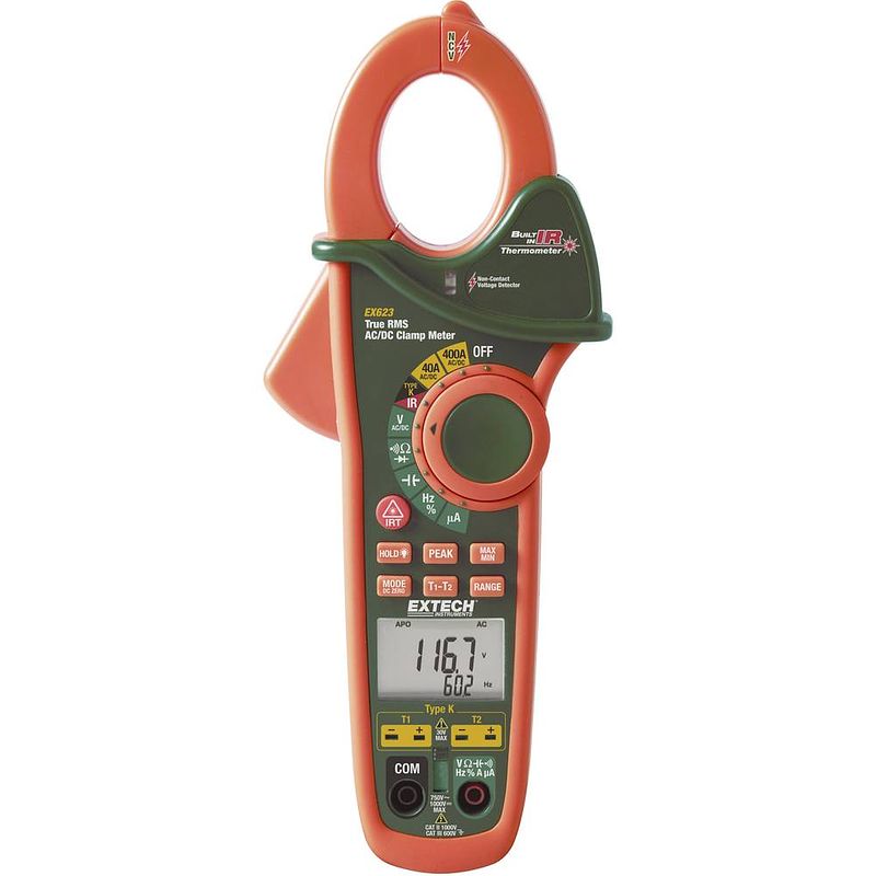 Foto van Extech ex623 stroomtang, multimeter digitaal ir-thermometer cat iii 600 v weergave (counts): 40000