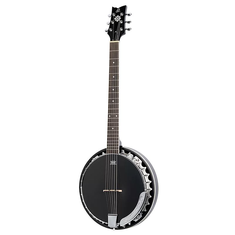 Foto van Ortega obje356-sbk-l raven series satin black linkshandige e/a zessnarige banjo met gigbag