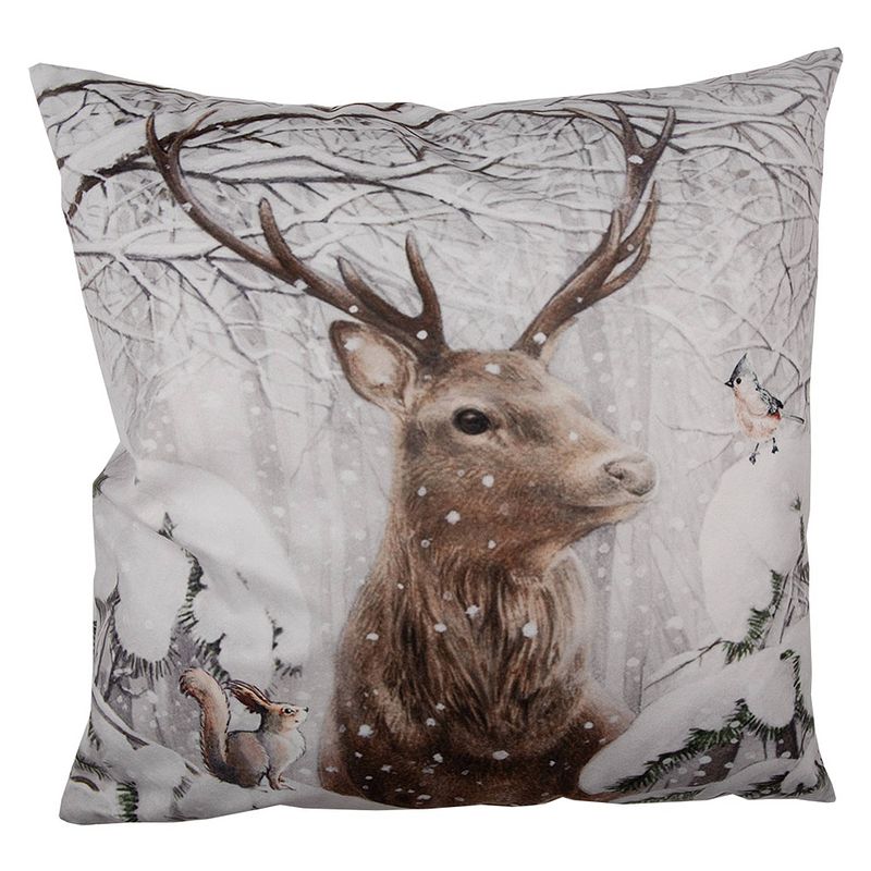 Foto van Clayre & eef kussenhoes 45x45 cm bruin wit polyester hert sierkussenhoes bruin sierkussenhoes