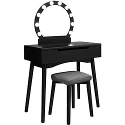 Foto van Make up tafel met led verlichting - meisjes visagie toilettafel kaptafel met spiegel stoel kruk - opmaaktafel hout