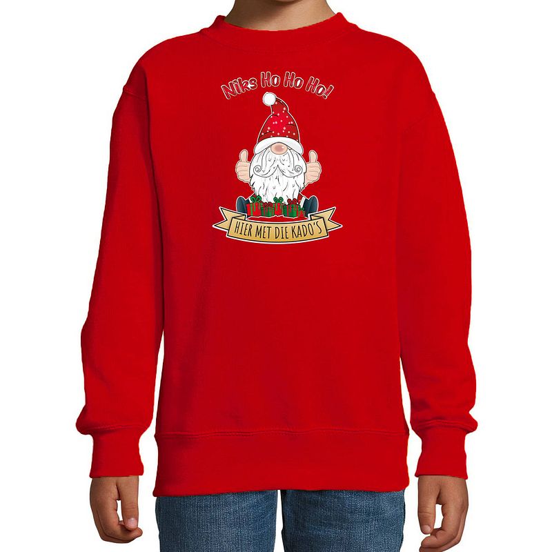 Foto van Bellatio decorations kersttrui/sweater voor kinderen - kado gnoom - rood - kerst kabouter 12-13 jaar (152/164) - kerst t