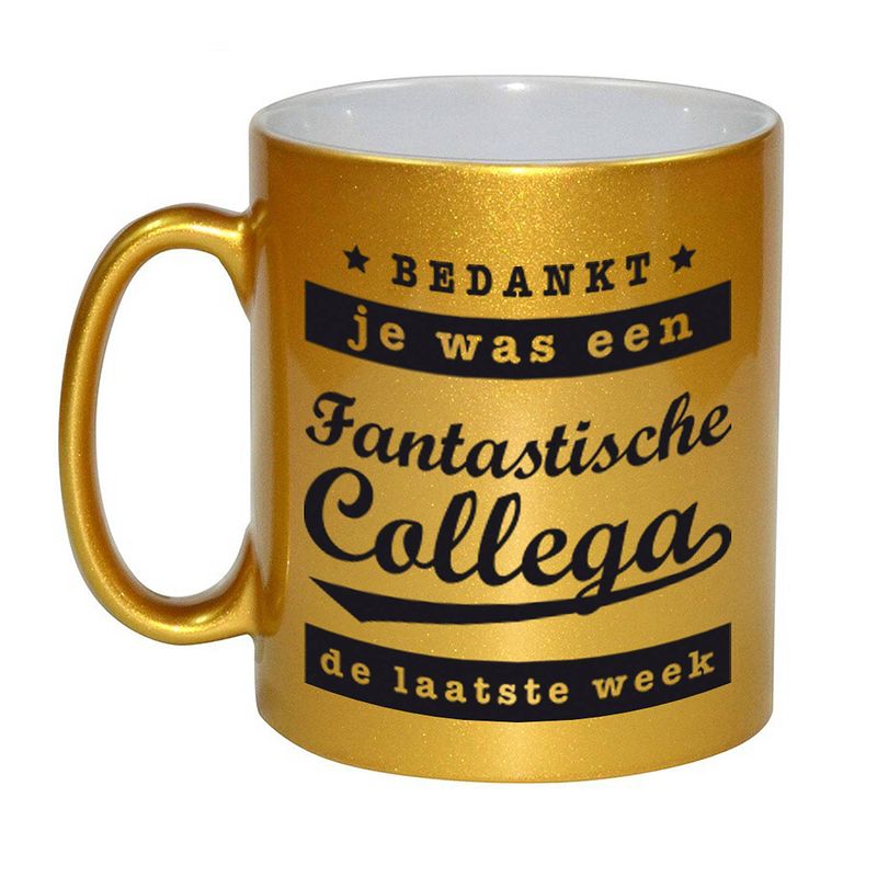 Foto van Fantastische collega laatste week mok / beker goud bedankt cadeau collega 330 ml - feest mokken