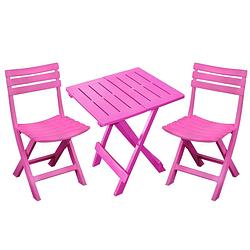 Foto van Sunnydays klapstoelen 2x met bijzettafeltje set - buiten - roze - kunststof - klapstoelen