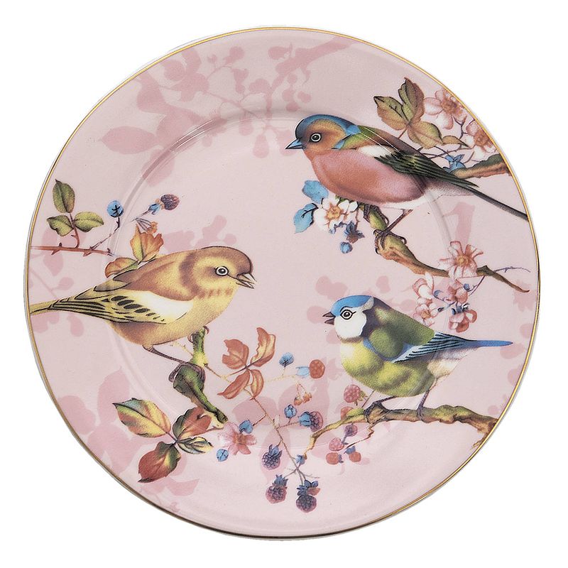 Foto van Clayre & eef servies ontbijtbord ø 21*2 cm roze porselein vogels eetbord gebaksbordje roze eetbord gebaksbordje