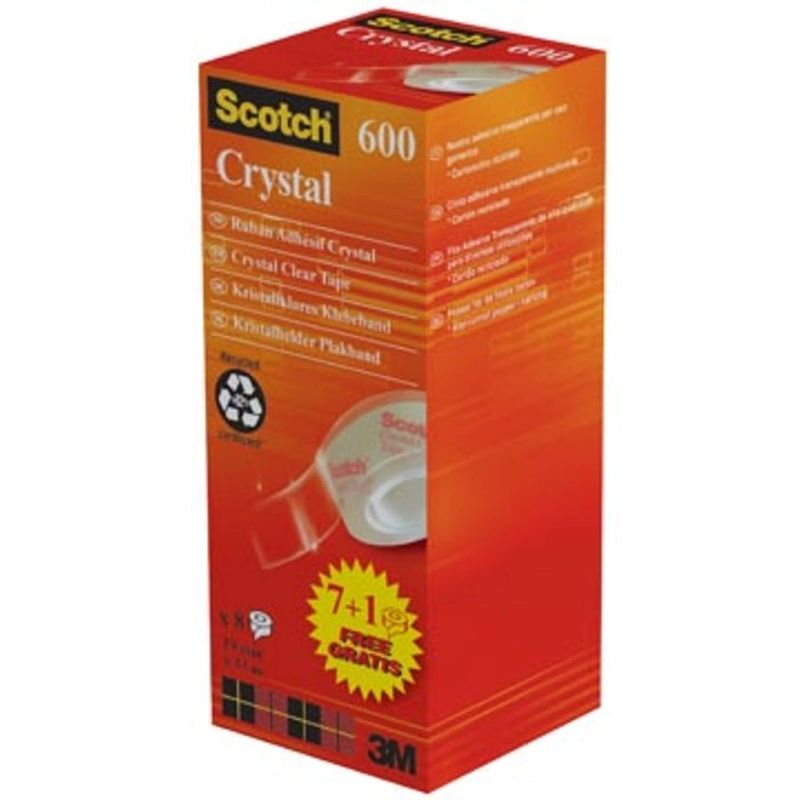 Foto van Scotch plakband crysal tape, ft 19 mm x 33m, 1 x value pack met 8 rollen waarvan 1 gratis