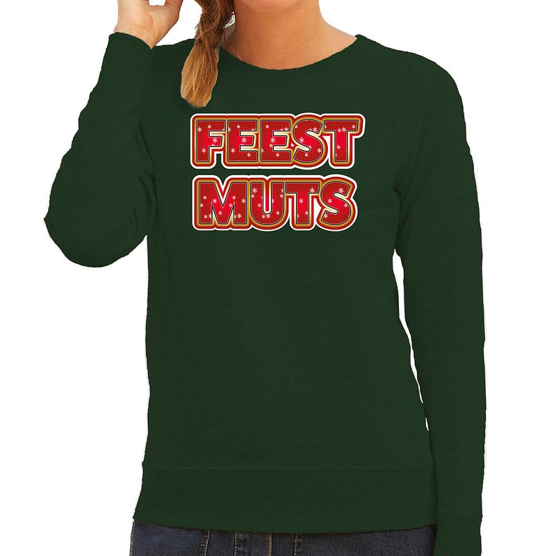 Foto van Bellatio decorations foute kersttrui/sweater voor dames - feest muts - groen - kerstmis s - kerst truien