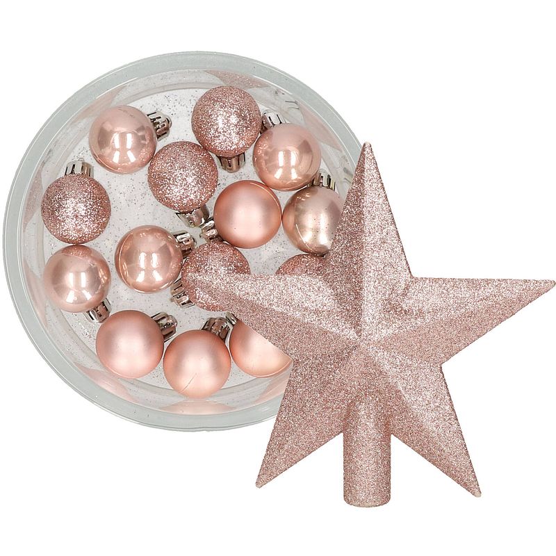 Foto van Decoris 14x stuks kerstballen 3 cm met ster piek lichtroze kunststof - kerstbal