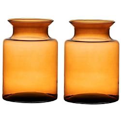 Foto van Set van 2x stuks oranje/transparante melkbus vaas/vazen van glas 20 cm - vazen