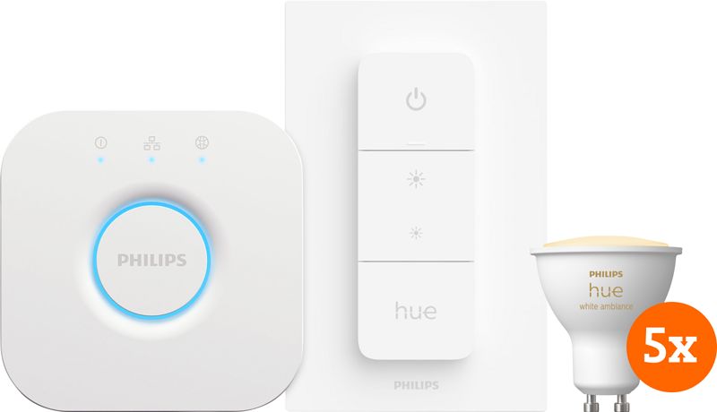 Foto van Philips hue white ambiance starter pack gu10 met 5 lampen, dimmer + bridge