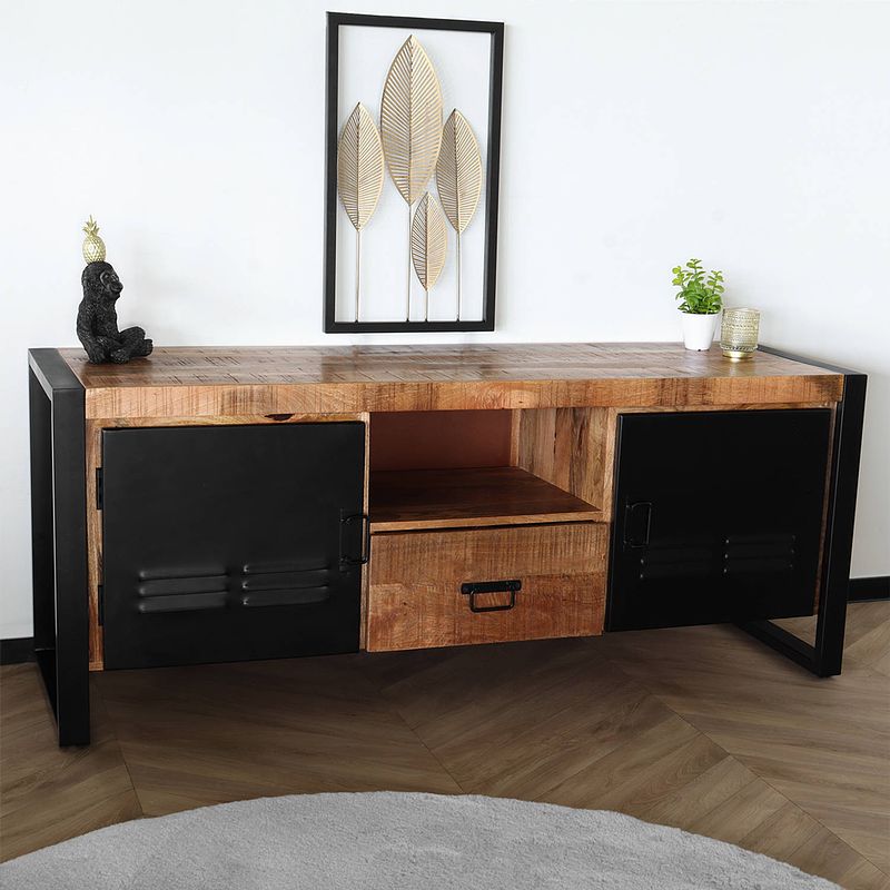 Foto van Tv meubel industrieel mangohout nova 150cm tv kast duurzaam mango massief hout tv-meubel