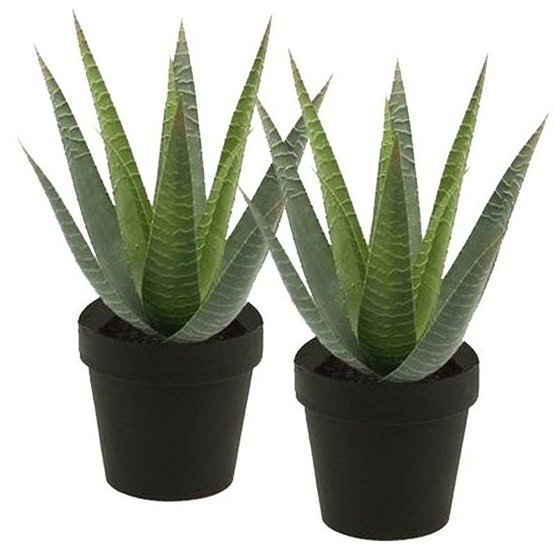 Foto van 2x groene kunstplant aloe vera succulent plant in pot - kunstplanten