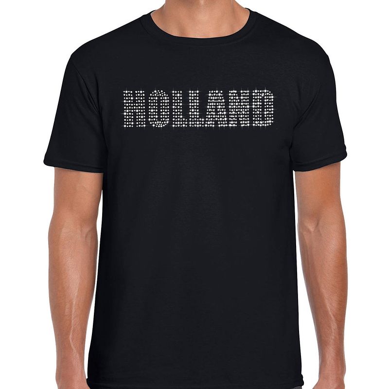 Foto van Glitter holland t-shirt zwart rhinestone steentjes voor heren nederland supporter ek/ wk xl - feestshirts