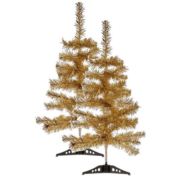 Foto van 2x stuks kleine glitter bronzen kerstbomen van 60 cm - kunstkerstboom