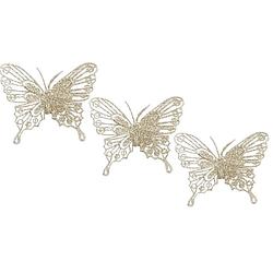 Foto van House of seasons kerst vlinders op clip - 3x st - champagne glitter - 10 cm - kersthangers