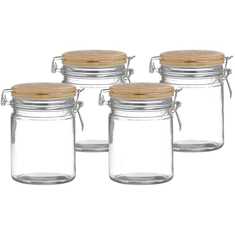 Foto van Urban living voorraadpot/bewaarpot - 4x - 700 ml - glas - met beugelsluiting - bamboe deksel - voorraadpot