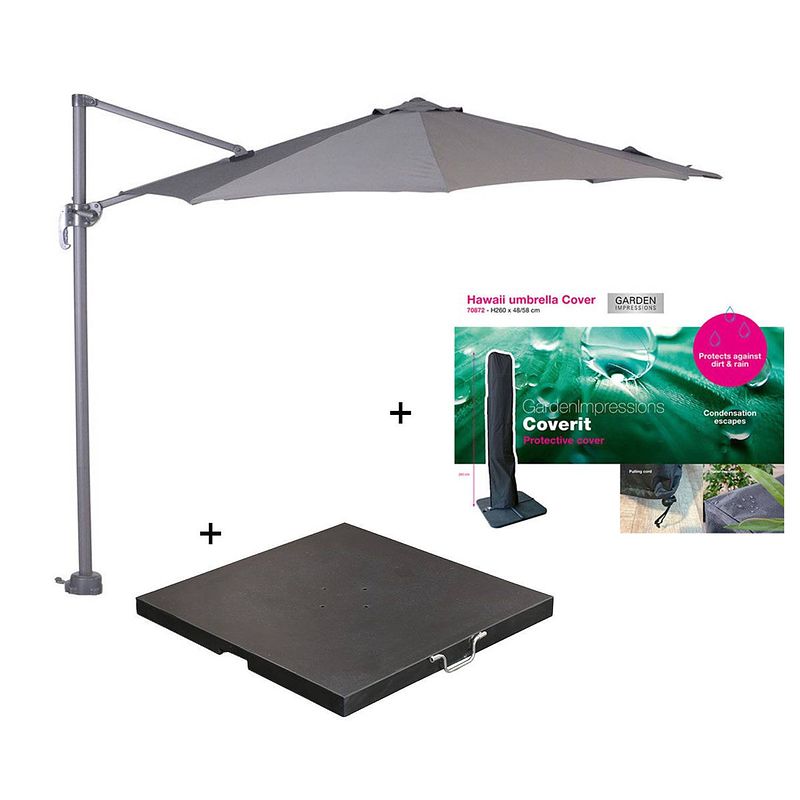 Foto van Garden impressions hawaii zweefparasol s ø300 - donker grijs/licht grijs met 60 kg parasolvoet en parasolhoes