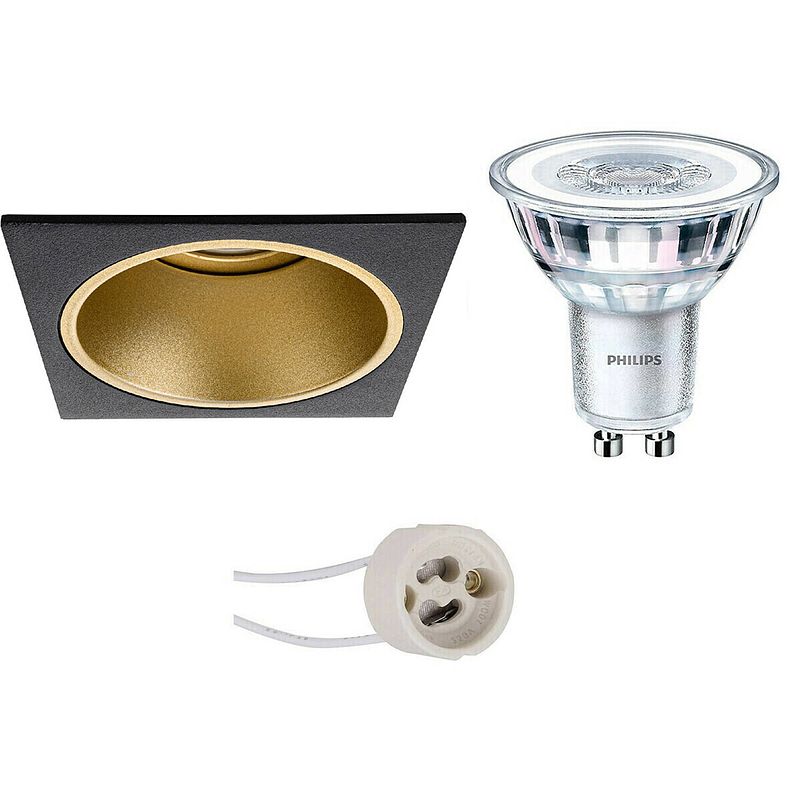 Foto van Led spot set - pragmi minko pro - gu10 fitting - inbouw vierkant - mat zwart/goud - verdiept - 90mm - philips - corepro